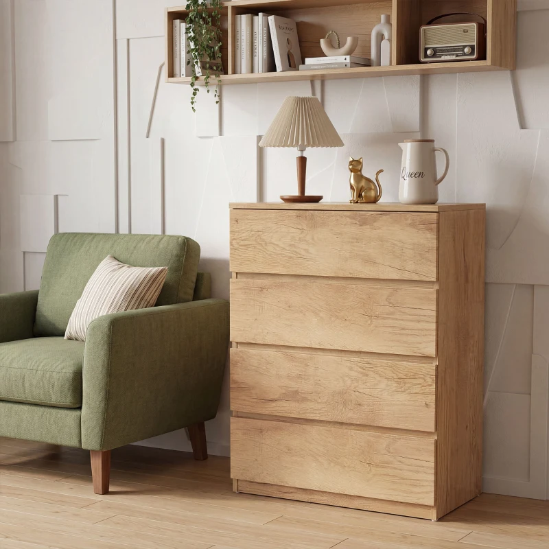 HOMCOM Commode 4 tiroirs meuble de rangement sans poignées design minimaliste 60 x 40 x 80 cm naturel