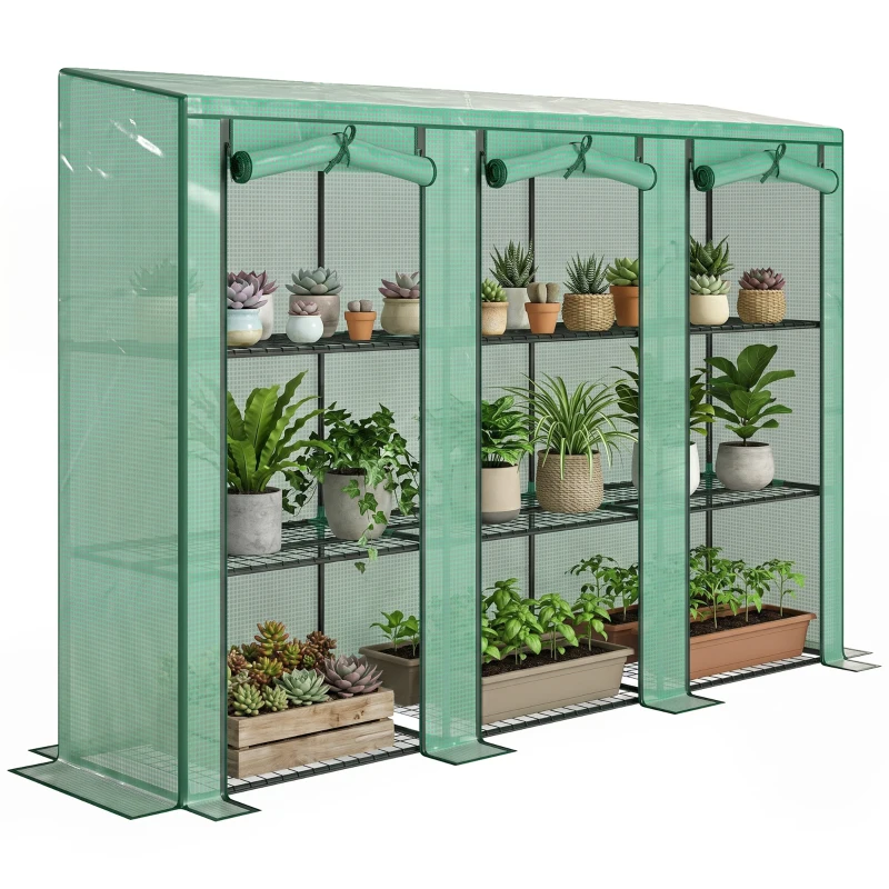 Outsunny Invernadero de Exterior de 3 Niveles con Puerta Enrollable con Cremallera 9 Estantes Cubierta de PE 215x46x151cm Verde