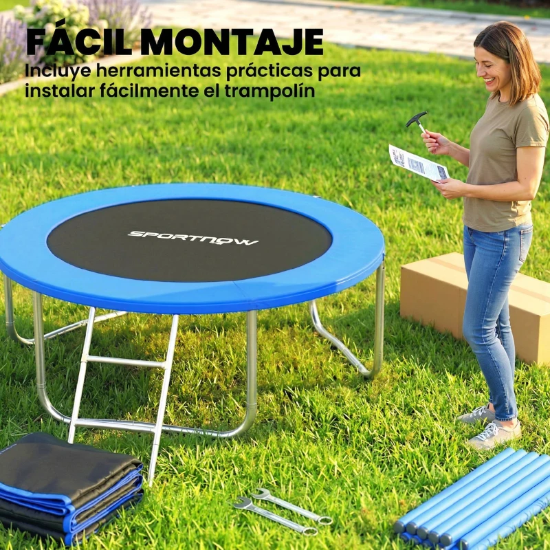 SPORTNOW Cama Elástica Exterior Ø183 cm Trampolín para Niños de +6 Años Adultos con Red de Seguridad Escalera de 2 Peldaños Azul