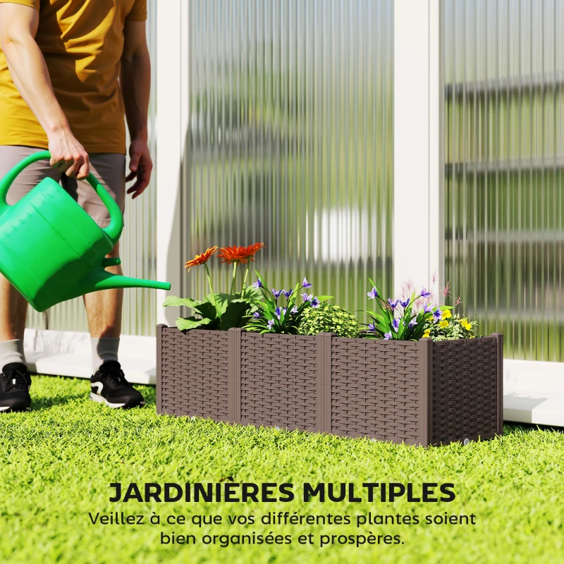 Outsunny Jardinière surélevée, lit de jardin en plastique auto-irrigantes avec trous de drainage et bouchons, 120x40x37cm, marron