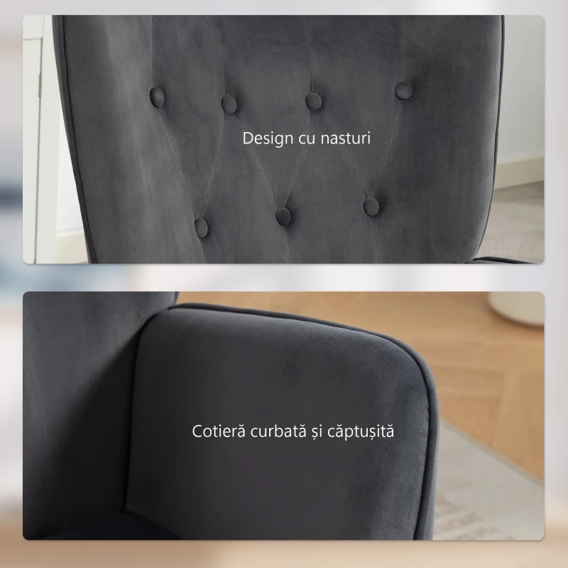 HOMCOM Fotoliu de Salon Rotativ cu Mânere, din Catifea, cu Funcție de Legănare și Înălțime Reglabilă, Gri Închis