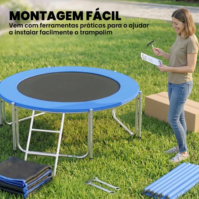 SPORTNOW Cama Elástica Exterior Ø183 cm Trampolim para Crianças com Rede de Segurança Escada e Acolchoamento de Molas Azul