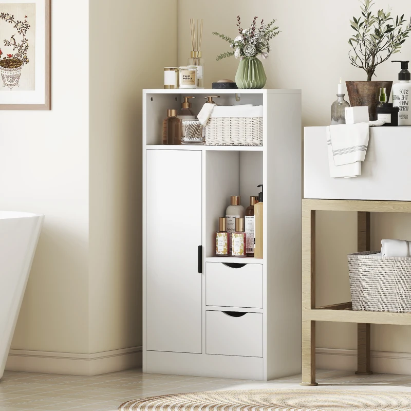 HOMCOM Meuble de salle de bain, meuble de rangement étroit avec 2 tiroirs, compartiments ouverts, 50x25x100cm, blanc
