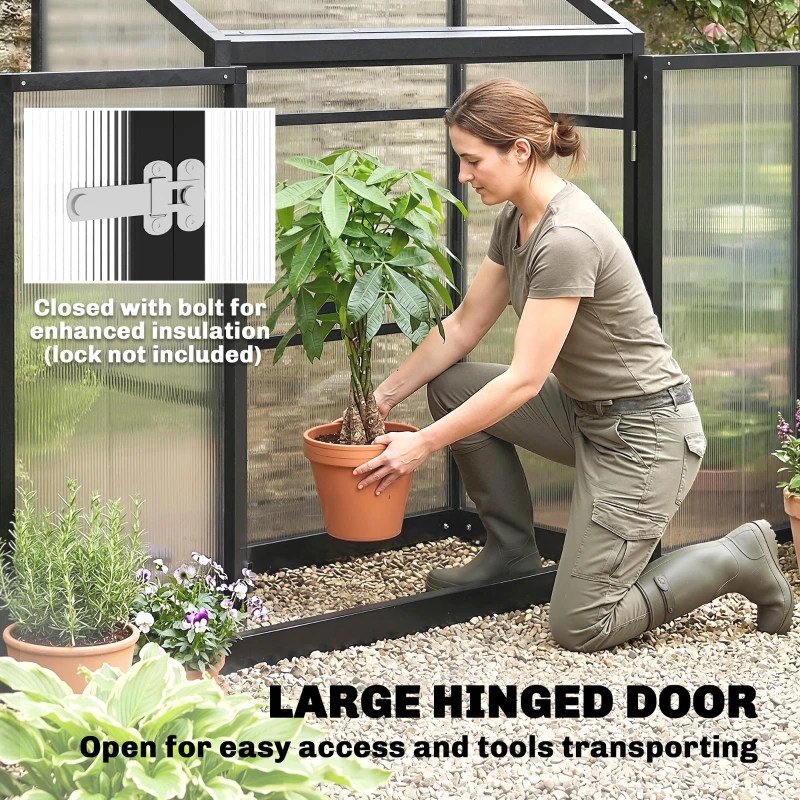 Outsunny Polycarbonate Greenhouse with Hinged Door, Top Vent, Lean-to Green House, Walk-in Greenhouse, 4 x 2ft, Black