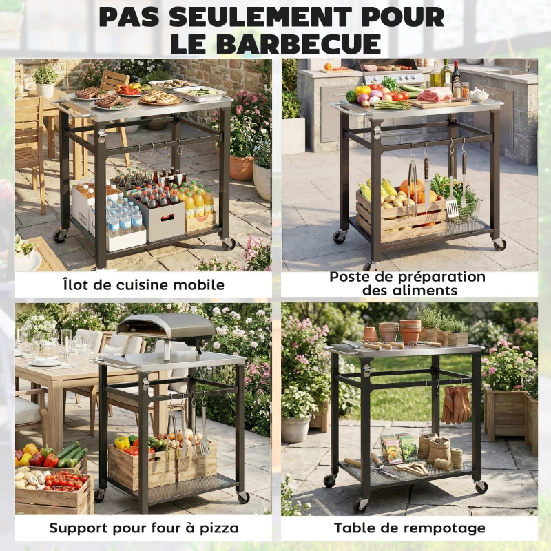 Outsunny Desserte jardin chariot de barbecue sur roulettes plateau en acier inoxydable étagère crochets, 82 x 55 x 79 cm, noir