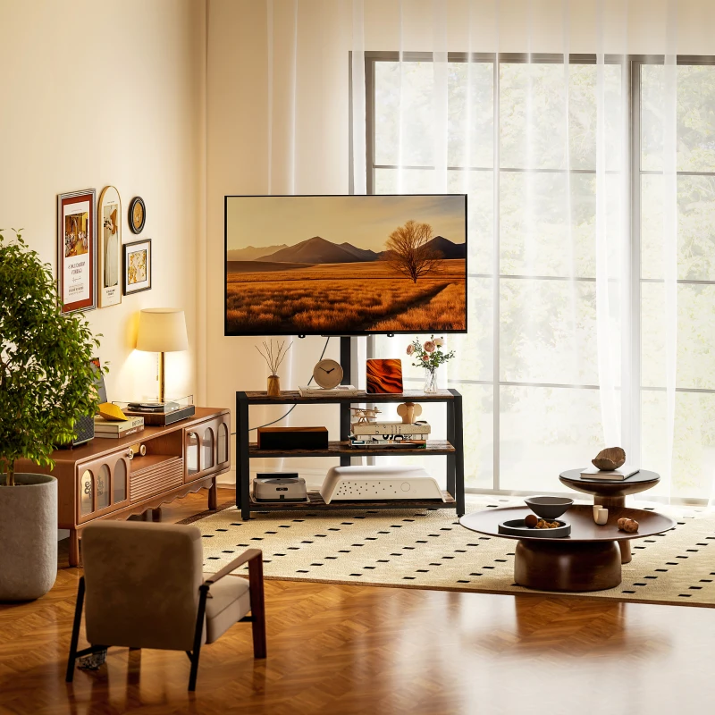 HOMCOM Meuble TV avec support pour téléviseurs de 32-70 pouces, étagères ouvertes, angle ajustable 35°, 108x41x135cm, marron