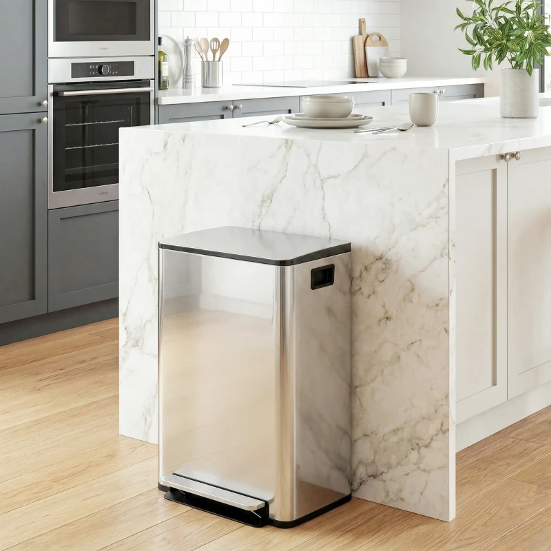 HOMCOM Poubelle de cuisine 2 compartiments de 2 x 30L, avec pédale, en acier inoxydable, couvercle à fermeture douce