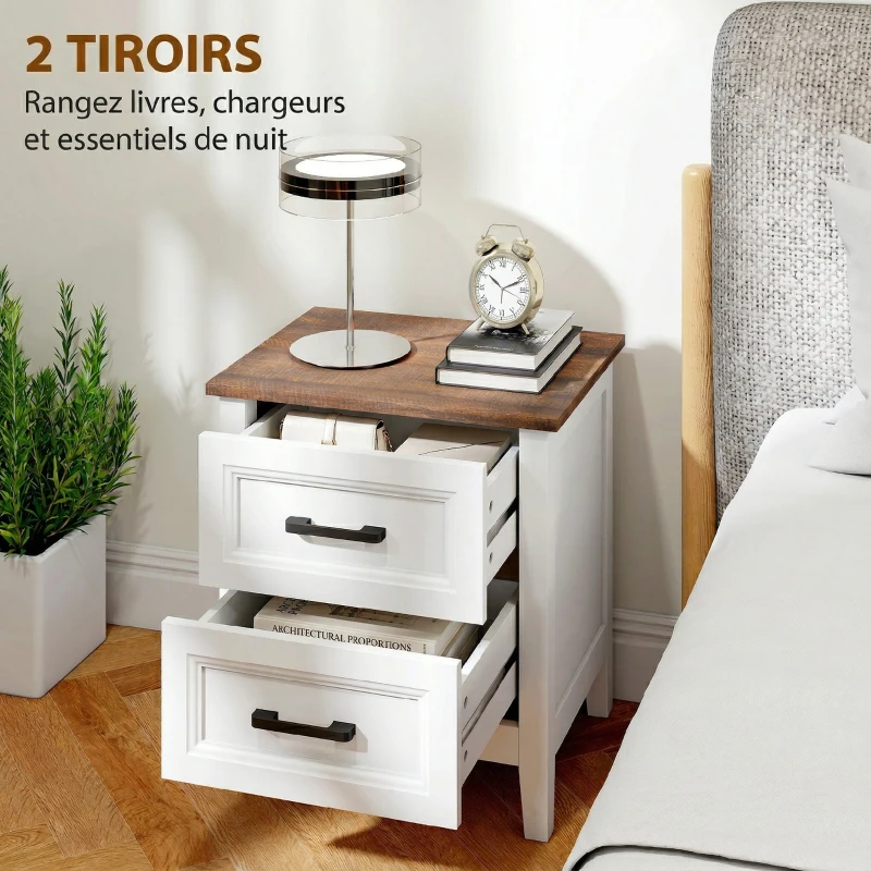 HOMCOM Table de chevet, table de nuit avec 2 tiroirs, plateau effet bois, style rustique, pour chambre à coucher, salon, blanc
