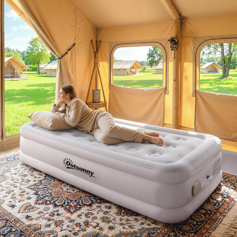 Outsunny Colchón Hinchable Individual Plegable con Bomba Inflado 3 Min Desinflado 2 Min Bolsa Carga 200 kg 190x97x39 cm Caqui