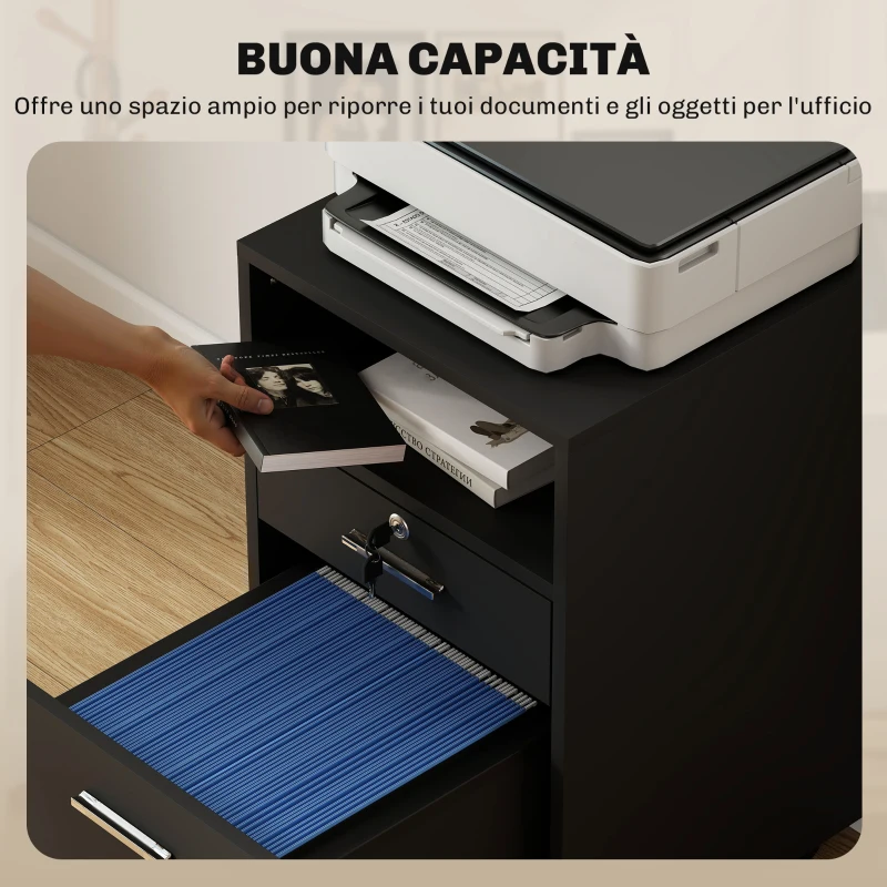 Vinsetto Cassettiera da Ufficio Portadocumenti in Legno con 2 Cassetti e Ripiano Aperto, 39x40x65 cm, Nero
