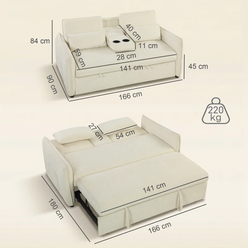 HOMCOM 3 in 1 Divano Letto 2 Posti con Schienale Regolabile in 3 Posizioni con 2 Cuscini, in Ciniglia, Beige