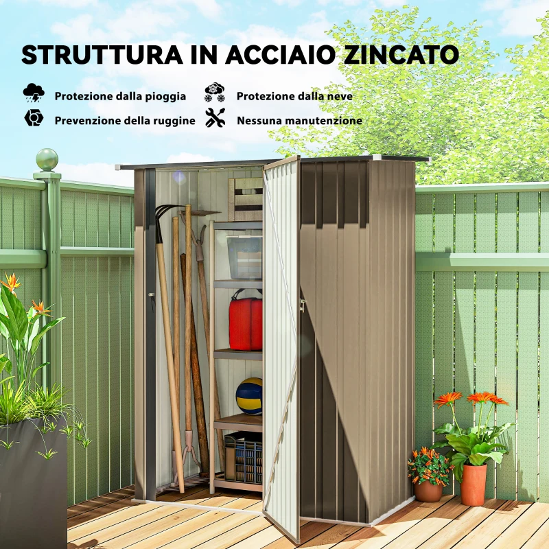 Outsunny Capanno Porta Attrezzi in Metallo con Tetto Inclinato e Porta Bloccabile, 142x86x189 cm, Marrone