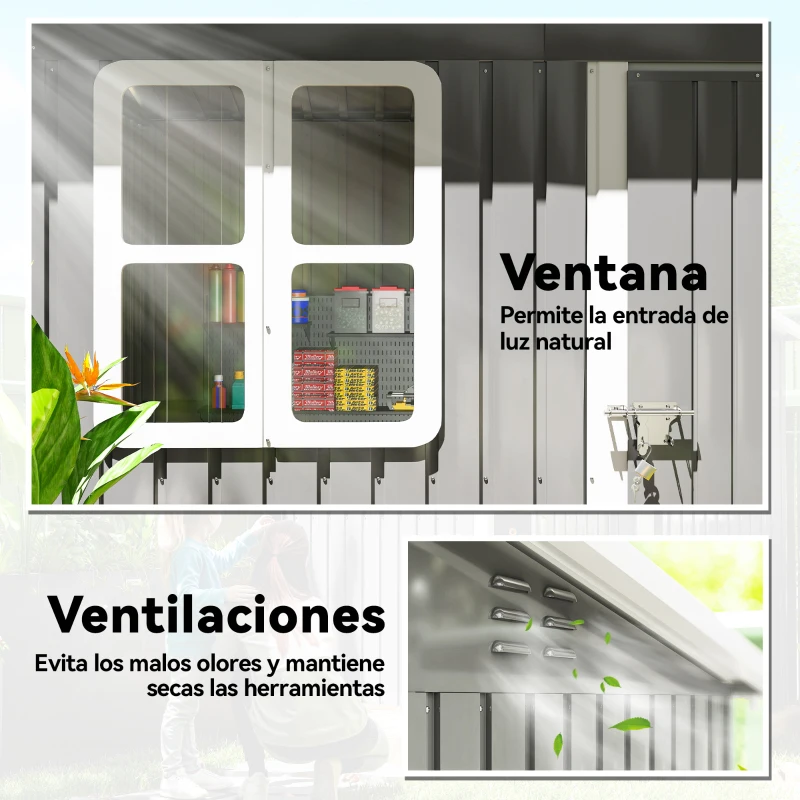 Outsunny Caseta de Jardín 221x133x190 cm Cobertizo de Exterior Metálico para Almacenamiento de Herramientas Gris Oscuro