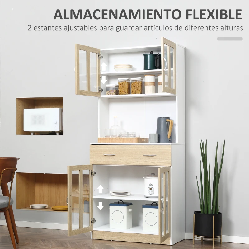 HOMCOM Alacena de Cocina con 4 Puertas de Vidrio Encimera Abierta Cajón Estantes Ajustables 80x40x180 cm Blanco y Natural