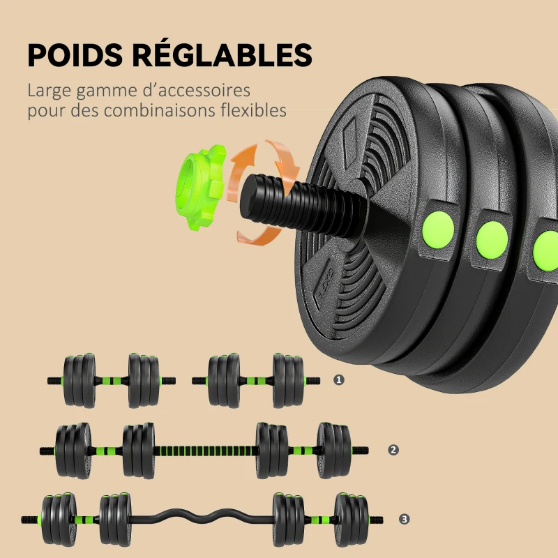 SPORTNOW Kit haltères musculation haltères réglables 20 kg 3 en 1, ensemble de poids réglable avec barre d'extension noir