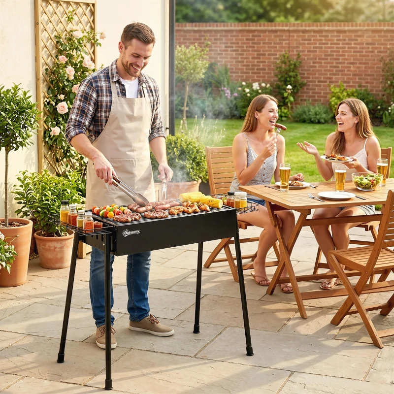 Outsunny Barbecue a Carvão com 2 Grelhas de Aço Inoxidável Portátil com 2 Prateleiras para Temperos com Ganchos 77x30x70 cm Preto