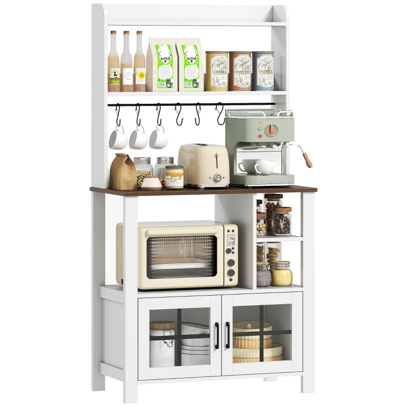 HOMCOM Alacena de Cocina con 6 Ganchos para Tazas 2 Puertas de Vidrio Estantes Abiertos 80x40x152 cm Blanco