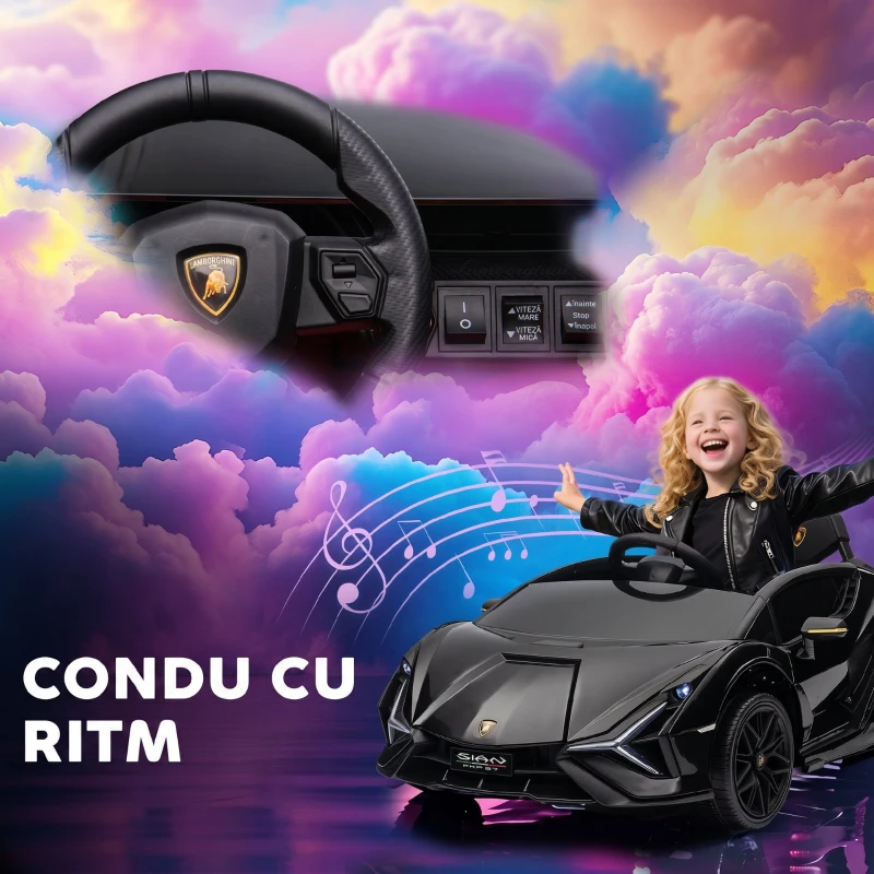 HOMCOM Mașină Electrică pentru Copii 3-5 Ani Lamborghini 12V cu Telecomandă și Viteză 3-5km/h, Negru