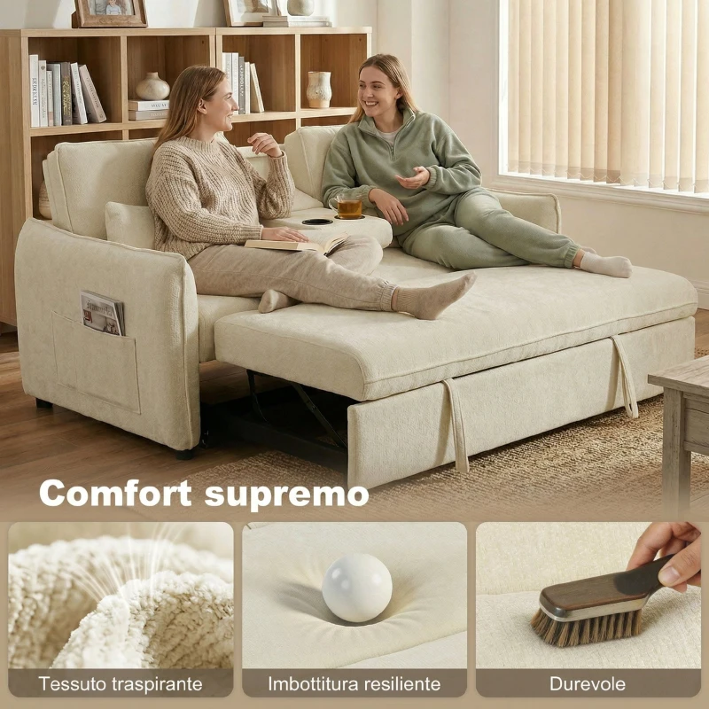 HOMCOM 3 in 1 Divano Letto 2 Posti con Schienale Regolabile in 3 Posizioni con 2 Cuscini, in Ciniglia, Beige