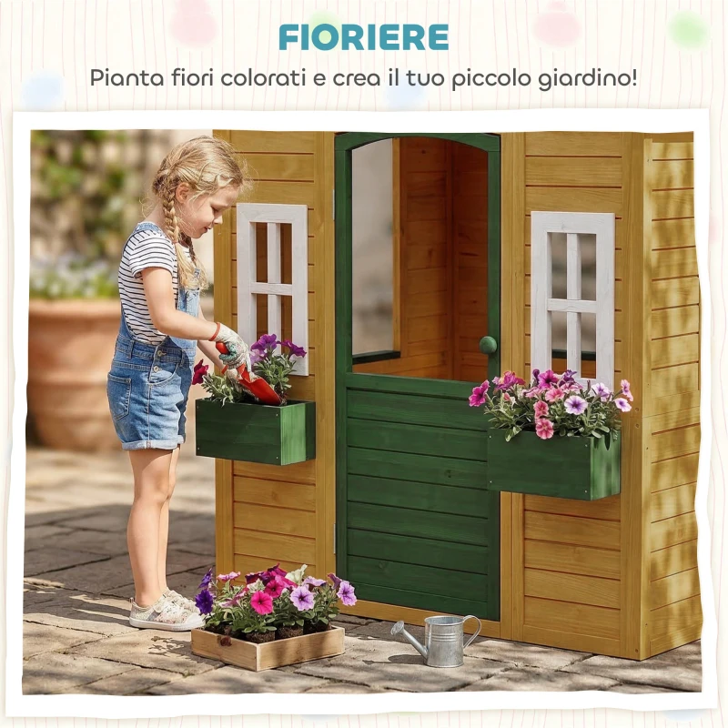 AIYAPLAY Casetta da Giardino per Bambini in Legno di Abete con Finestre, 2 Fioriere, Porta e Tetto, 3-8 Anni, Marrone