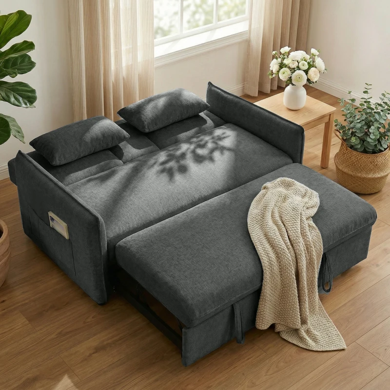 HOMCOM Sofá Cama 2 Lugares 3 em 1 com Mesa Auxiliar Porta-Copos Encosto Ajustável Bolsos Laterais 2 Almofadas Cinza Escuro