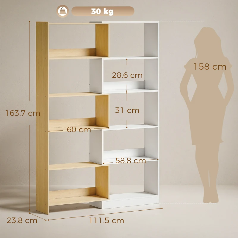 HOMCOM Bibliotecă de colț rotativă 350° cu 5 niveluri, raft extensibil în formă de L, 60-111x24x164cm, stejar