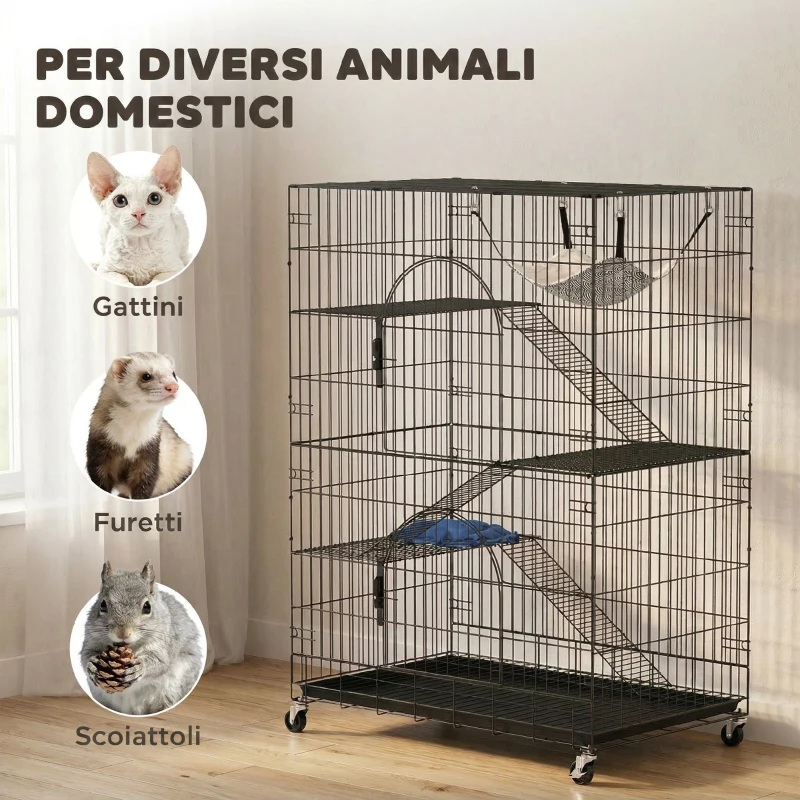 PawHut Gabbia Gatti a 4 Livelli con Amaca, Letto, Rampe e Piattaforme in Metallo con Ruote e Vassoio Estraibile, Nero