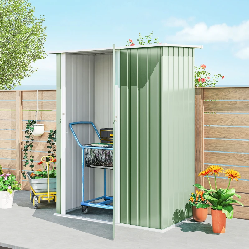Outsunny Capanno Porta Attrezzi in Metallo con Tetto Inclinato e Porta Bloccabile, 142x86x189 cm, Verde Chiaro