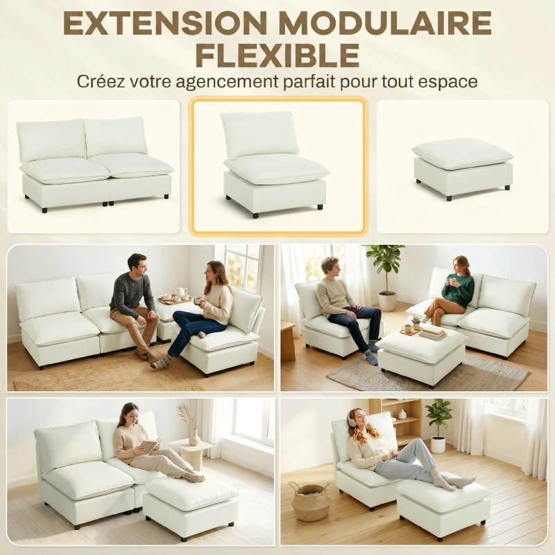 HOMCOM Fauteuil de salon, canapé 1 place moderne sans accoudoirs avec assise large, coussins épais, 146x85x78cm, crème