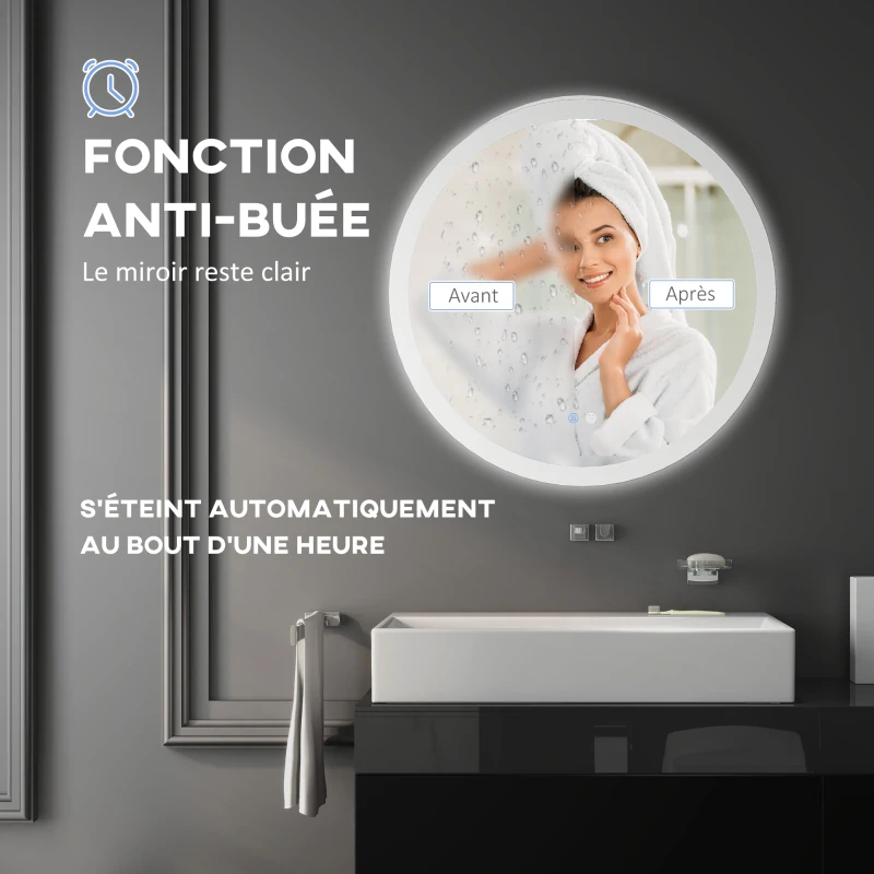 kleankin Miroir rond lumineux LED de salle de bain Ø 60 cm mural avec éclairage 3 couleurs interrupteur tactile 29 W gris