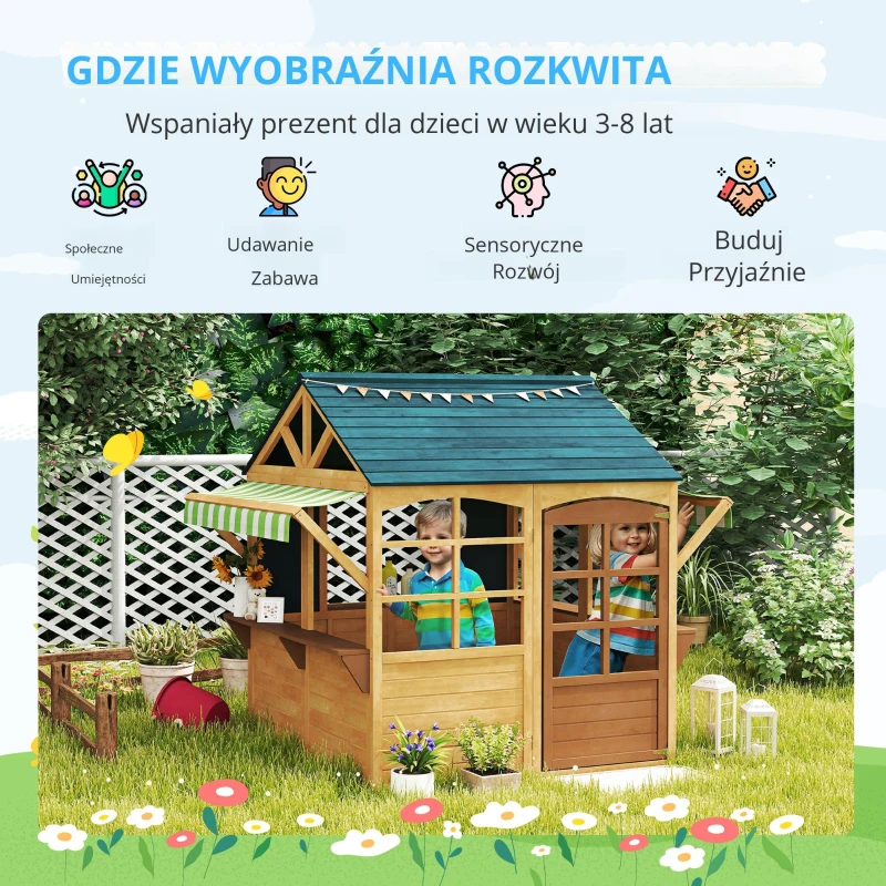 AIYAPLAY Wooden Playhouse for Kids Outdoor, Foldable Wendy House with Windows, Working Door, Service Stations, Rain Capes, Kids Garden Toys for 3-8 Years