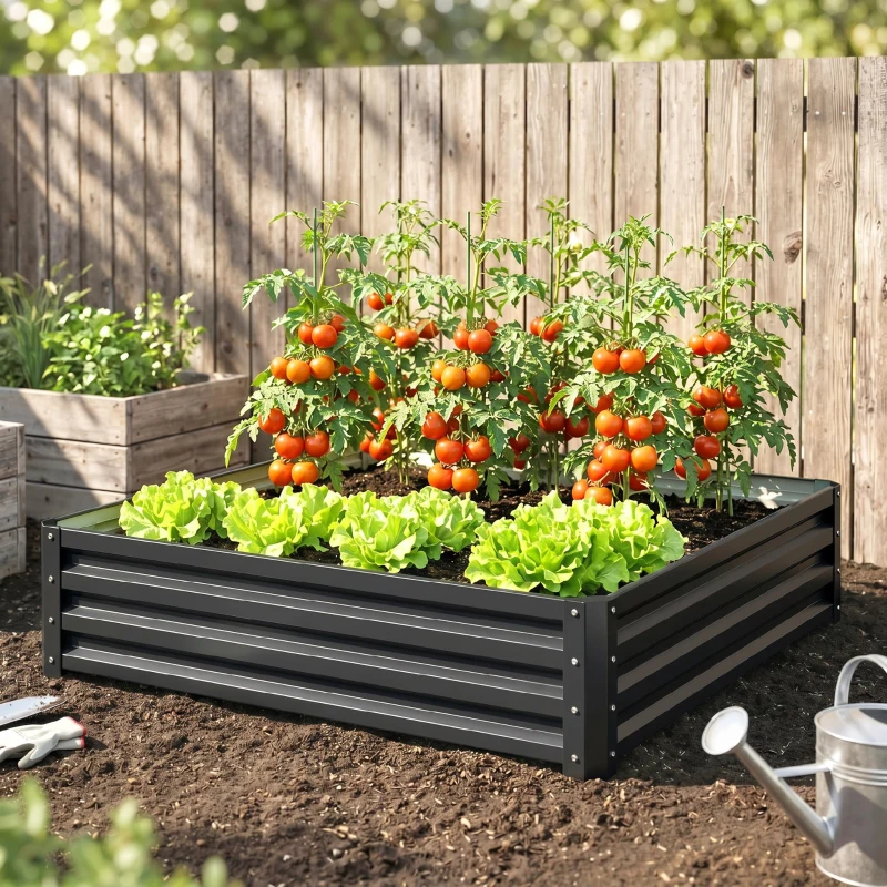 Outsunny Letto per Orto Rialzato a Fondo Aperto con Rivestimento, in Acciaio Zincato, 120x120x30 cm, Grigio