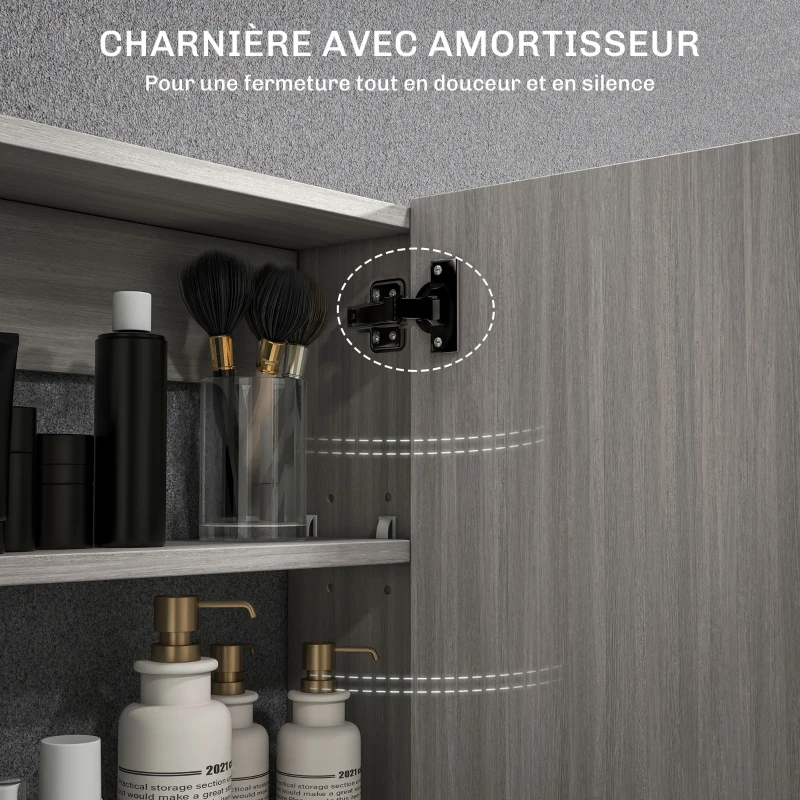 HOMCOM Armoire murale salle de bain avec miroir, meuble salle de bain, double portes et étagères réglables, 80x15x60cm, gris