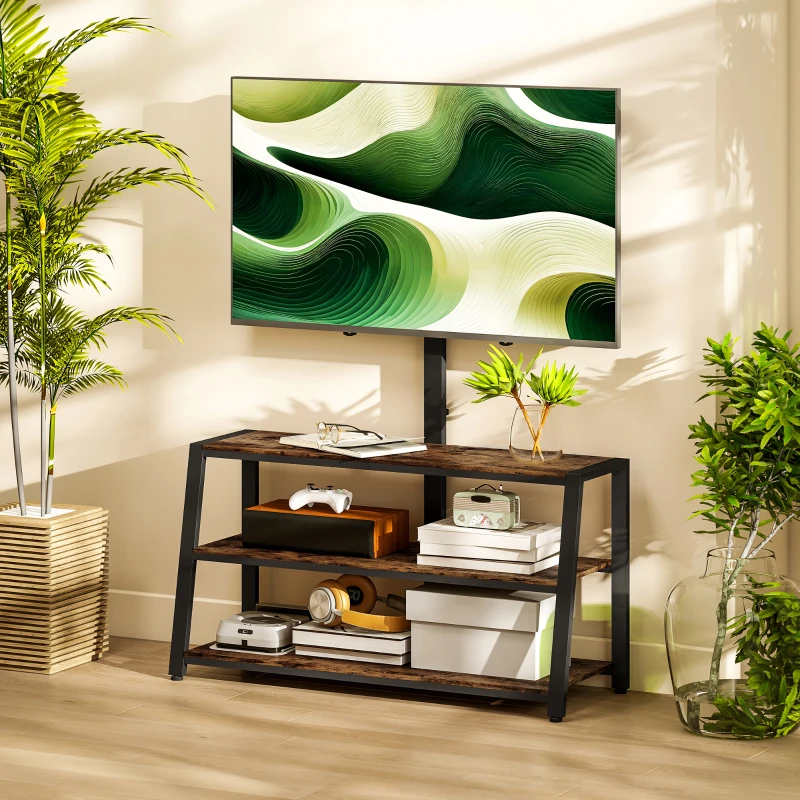 HOMCOM Meuble TV avec support pour téléviseurs de 32-70 pouces, étagères ouvertes, angle ajustable 35°, 108x41x135cm, marron