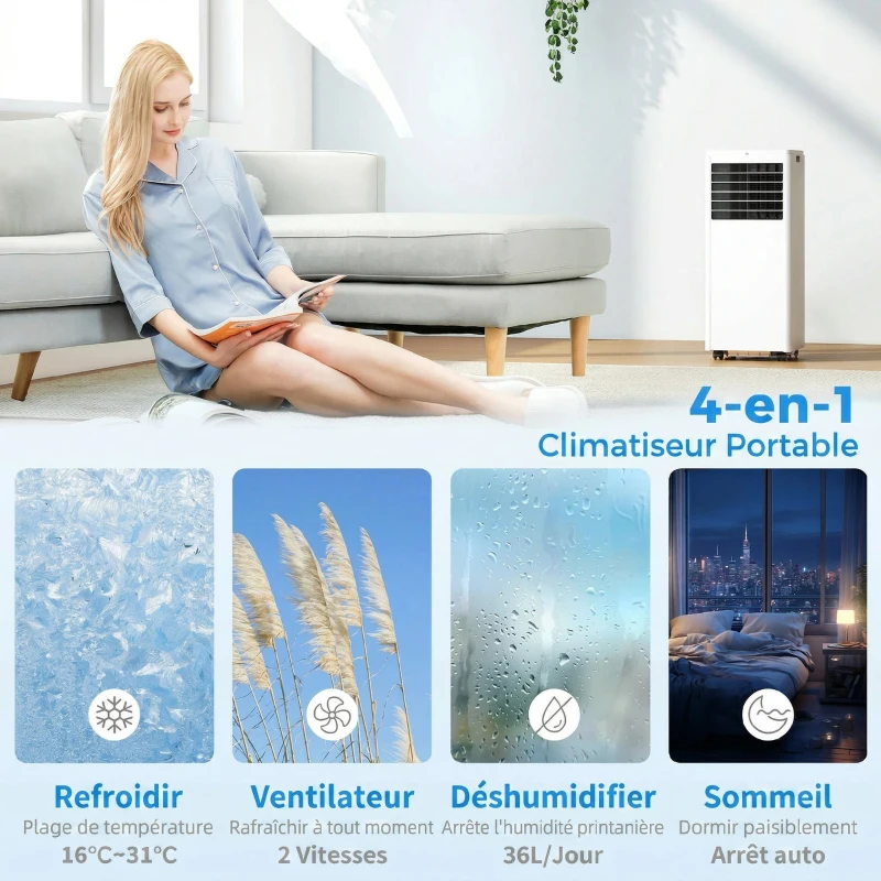 HOMCOM Climatiseur mobile 7000 BTU, climatiseur portable 4 en 1, refroidissement, déshumidificateur, ventilateur, mode nuit