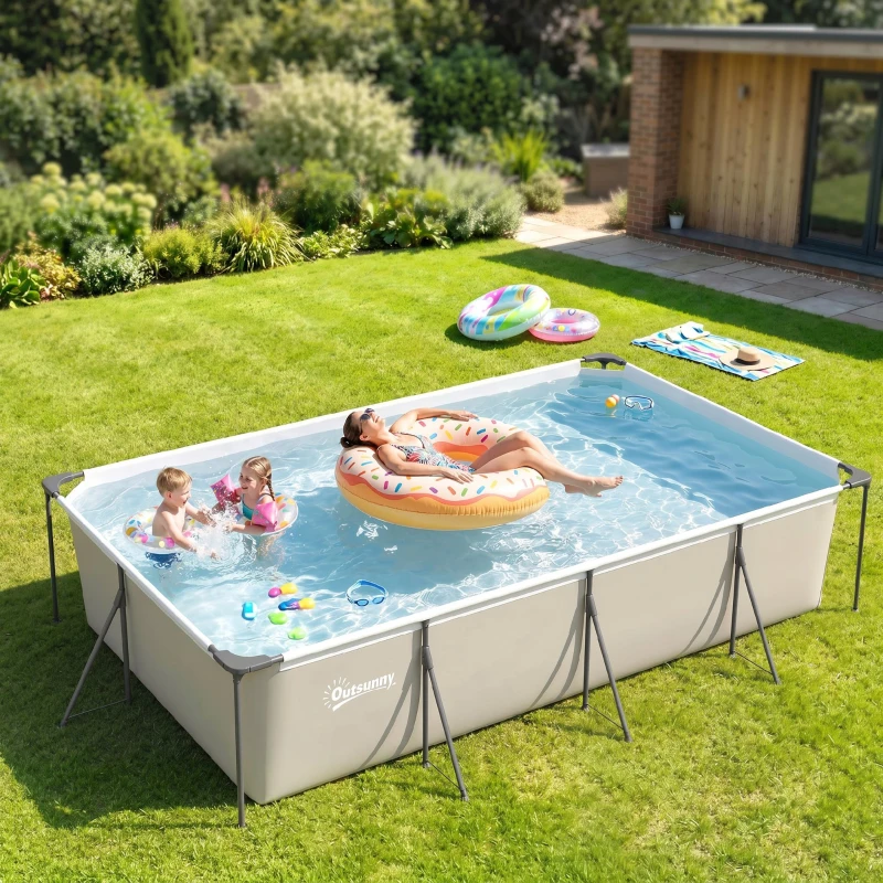 Outsunny Piscina Desmontável Tubular 394,5x208,3x80,5 cm 6075 L Retangular com Estrutura Metálica para 4-6 Pessoas Cinza