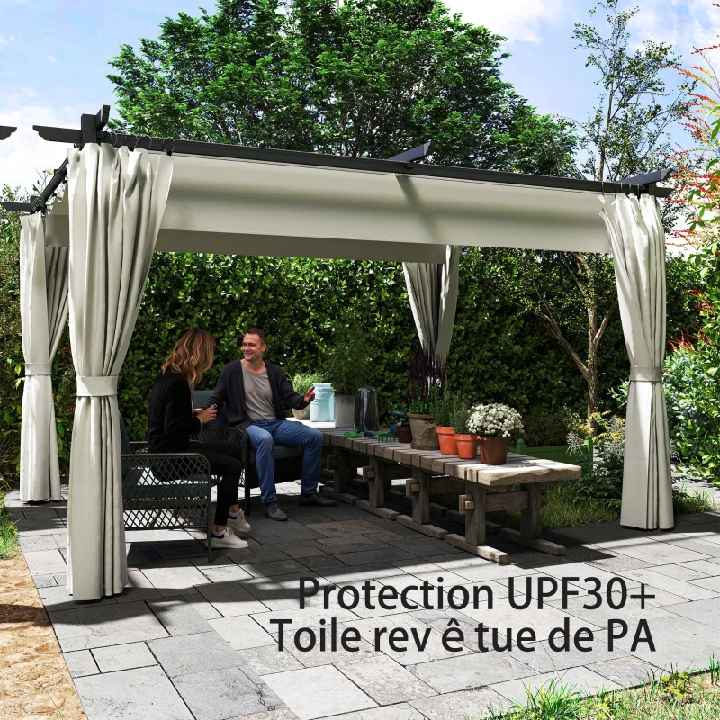 Outsunny Pergola 3 x 3 m avec Auvent Rétractable et Rideaux, Abri de Soleil UPF30+ pour Jardin, Terrasse, Extérieur