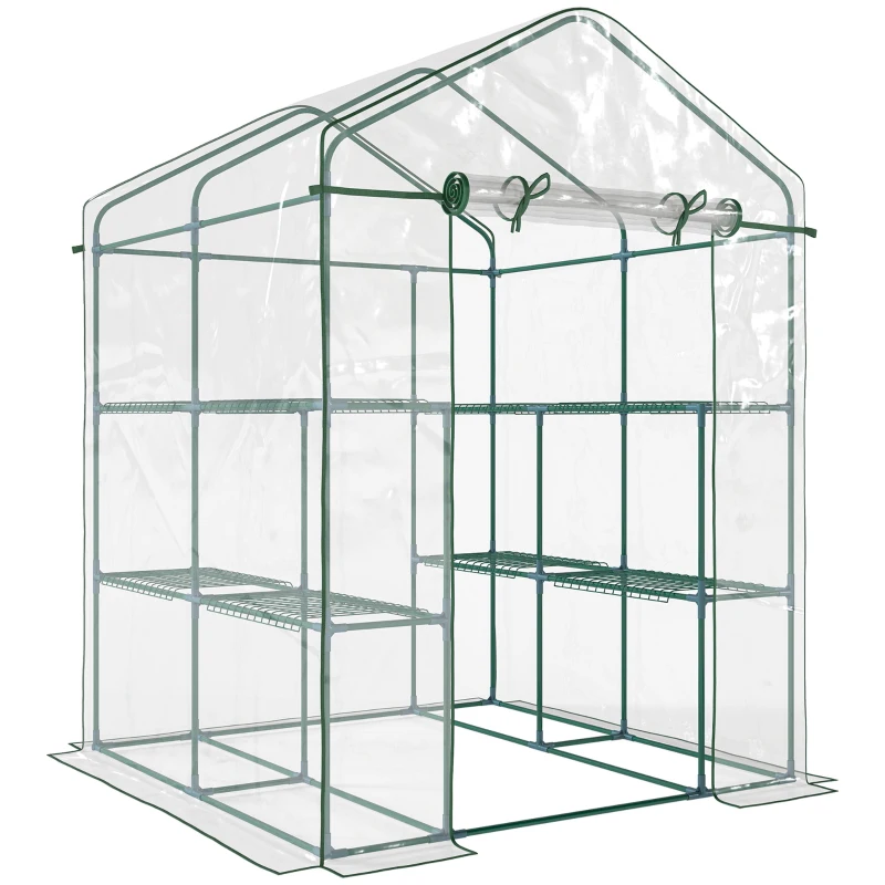 Outsunny Serre de jardin avec étagères 3 niveaux, serre de balcon, châssis en acier, porte zippée enroulable, pour légumes plantes fleurs, intérieur et extérieur, 143x143x195cm, transparent