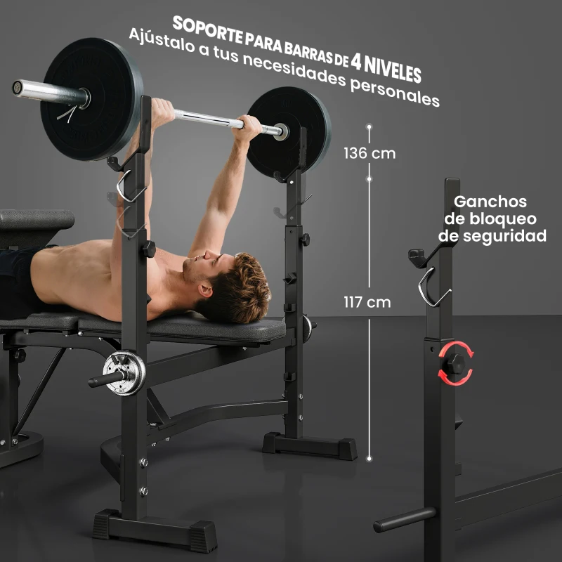 HOMCOM Banco de Musculación Multifuncional Banco de Pesas con Respaldo Inclinable y Soporte de Barras Altura Ajustable para Entrenamiento Cuerpo Completo Ginmasio Carga 300 kg 187x140x117-136 cm Negro