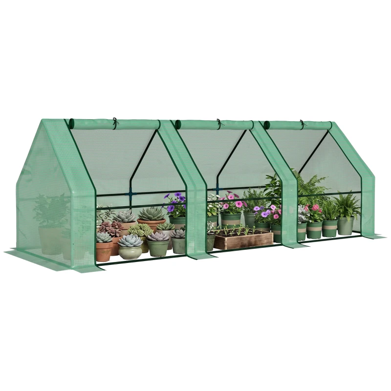 Outsunny Invernadero de Exterior Invernadero de Jardín 270x90x90 cm Tipo Caseta con 3 Ventanas Marco de Acero y Cubierta de PE 140g/㎡ para Cultivo Plantas Flores Tomates Verde