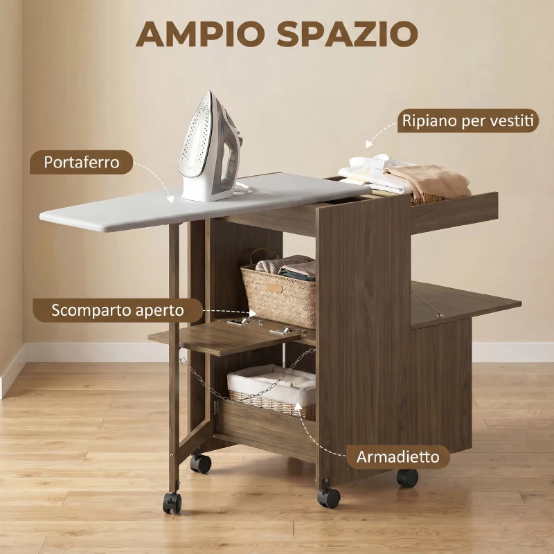 HOMCOM Mobile Asse da Stiro Pieghevole con Porta Ferro e Indumenti con Vano Aperto,154x55x87 cm, Marrone