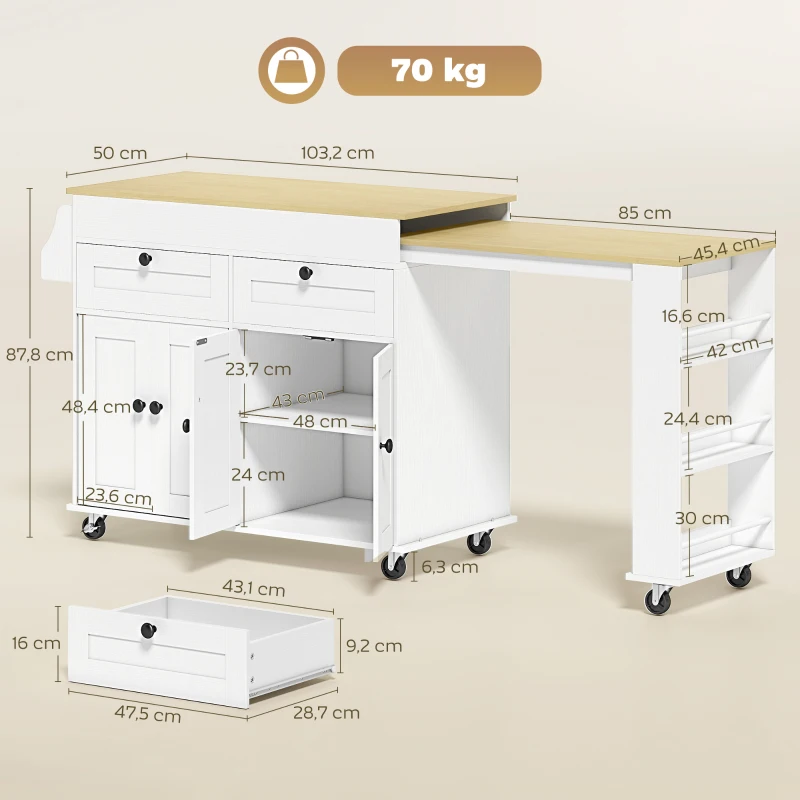 HOMCOM îlot central cuisine avec plateau extensible, desserte de cuisine sur roulettes avec 2 tiroirs, 4 portes, blanc