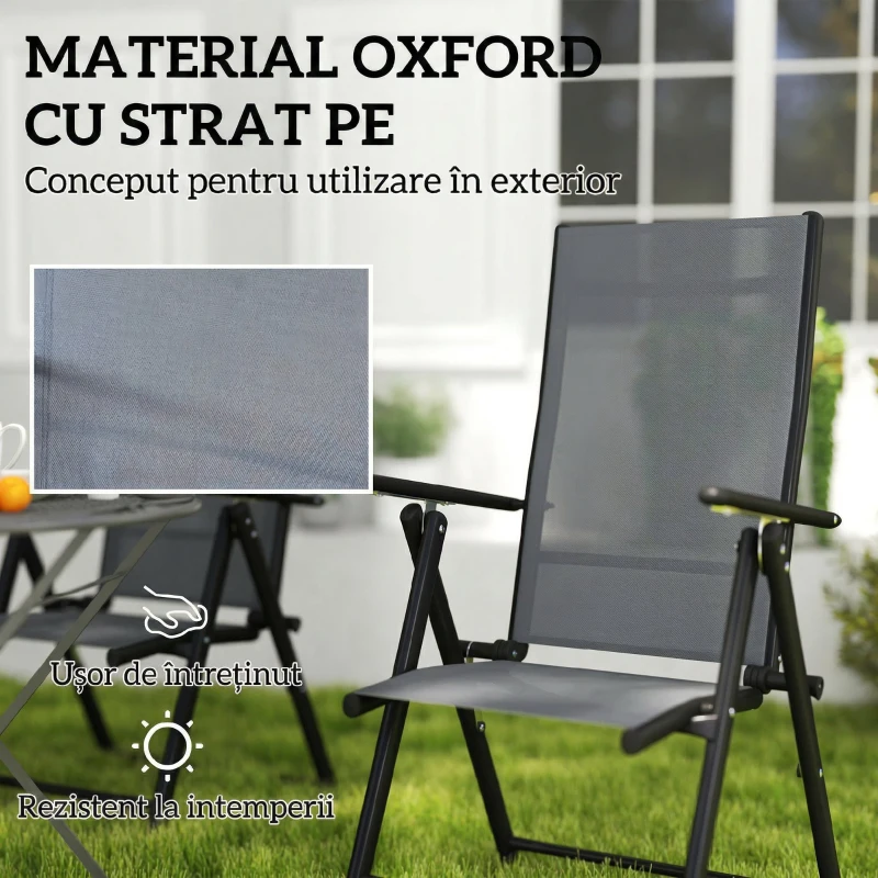 Outsunny Set 4 Scaune de Grădină Pliabile și Respirabile cu Brațe, din Oțel și Poliester, 56x69x106 cm, Gri