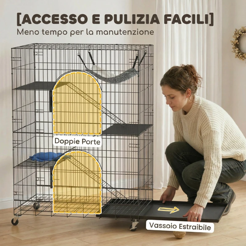 PawHut Gabbia Gatti a 4 Livelli con Amaca, Letto, Rampe e Piattaforme in Metallo con Ruote e Vassoio Estraibile, Nero