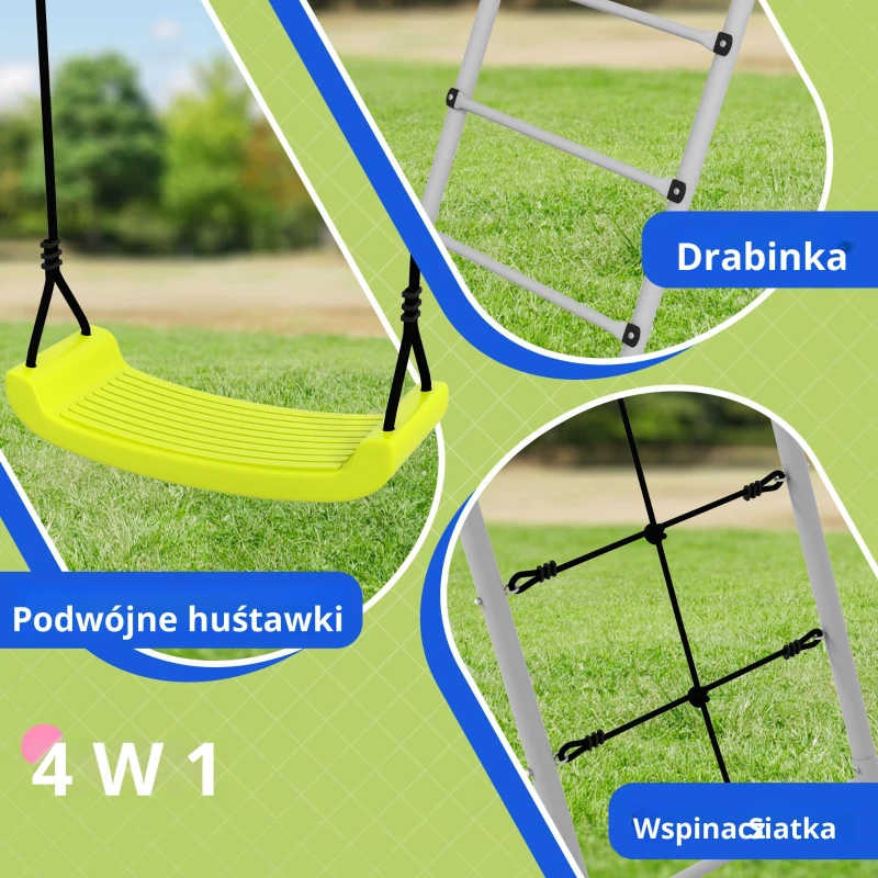 Outsunny Zestaw huśtawek dla dzieci z metalową ramą, stelaż z podwójną huśtawką, siatką do wspinaczki, drabiną, huśtawka ogrodowa dla dzieci 3-8 lat, stal, Zielony