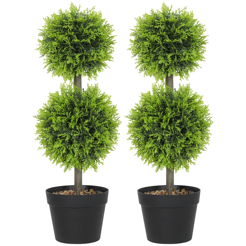 HOMCOM Lot de 2 plantes artificielles décoratives, boules de buis artificiel 60 cm avec pot, plastique, vert