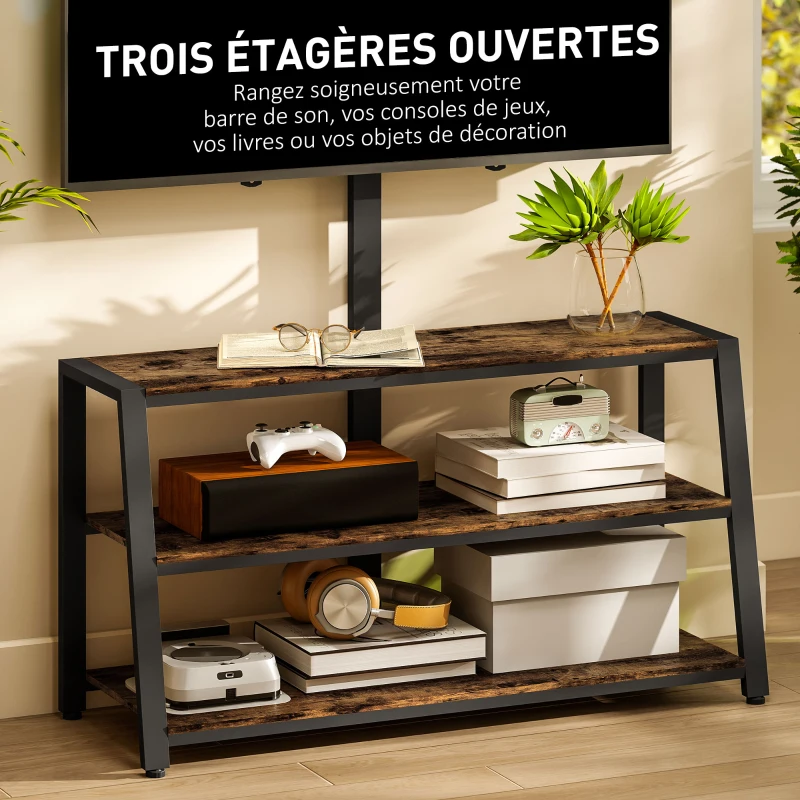 HOMCOM Meuble TV avec support pour téléviseurs de 32-70 pouces, étagères ouvertes, angle ajustable 35°, 108x41x135cm, marron