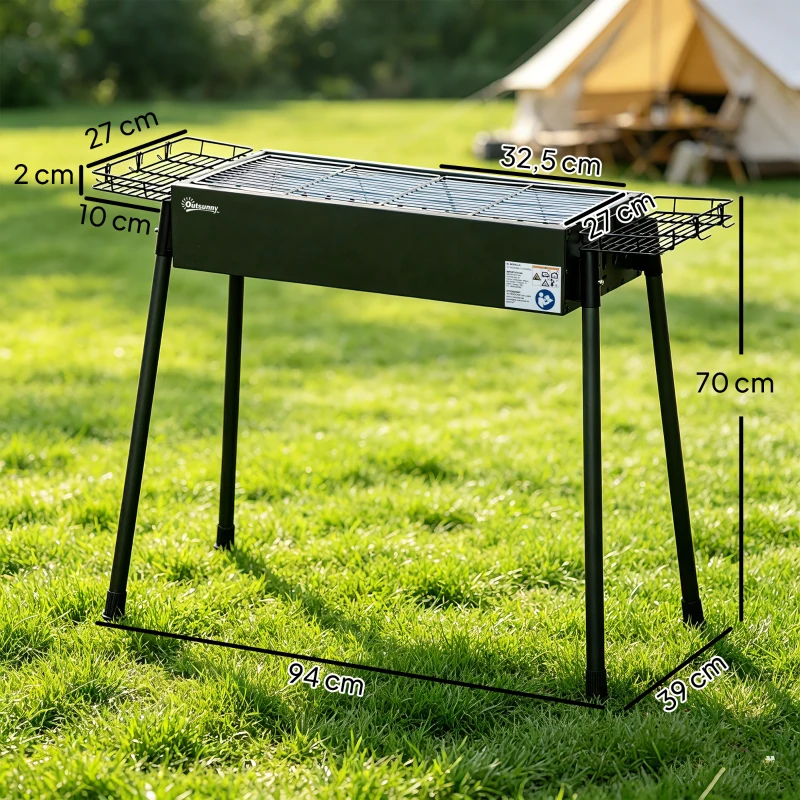Outsunny Barbecue a Carvão com 2 Grelhas de Aço Inoxidável Portátil com 2 Prateleiras para Temperos com Ganchos 77x30x70 cm Preto