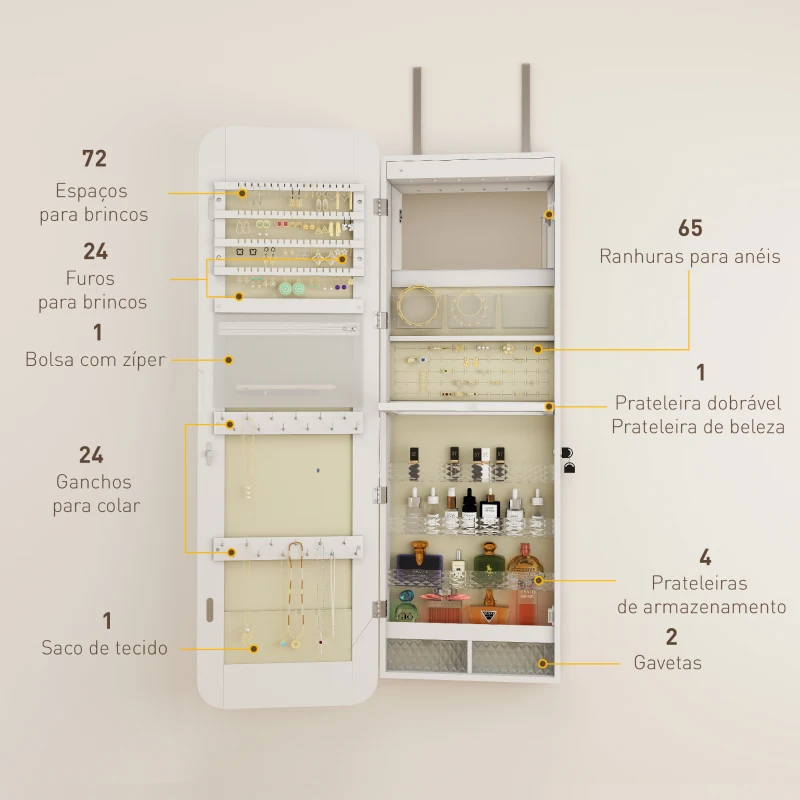 HOMCOM Espelho para Joias com Luz LED Montado na Parede ou na Porta com Fechadura Espelho de Corpo Inteiro 2 Gavetas Branco