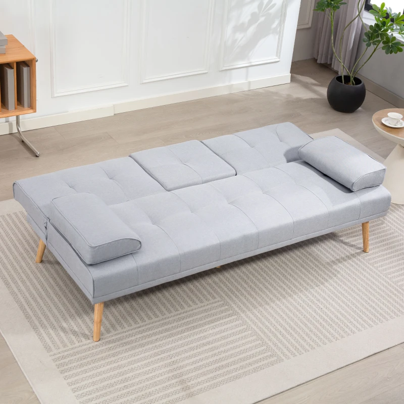 HOMCOM Canapé convertible 3 places, canapé-lit rembourré avec dossier réglable 3 niveaux, 2 coussins et 2 porte-gobelets intégrés, tissu de lin, pour salon, chambre d'amis, petit espace, gris clair